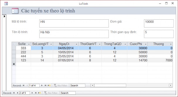 5 Tạo query tên BangChietTinhCPVT gồm các field SoXe TenLoTrinh SoLuongVT NgayDi NgayDen 3