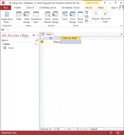 Hình 2 2 Tạo bảng Bấm chuột vào Click to Add xuất hiện menu để nhập tên 11