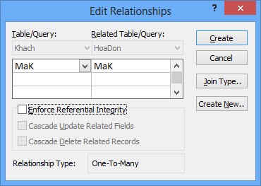 Hình 2 11 Cửa sổ tạo quan hệ Nên chọn mục Enforce Refential Intergrity sau đó 13