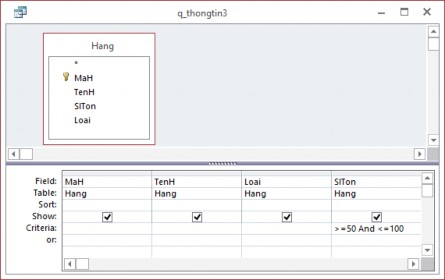Hình 3 9 truy vấn điều kiện số 3 Đưa ra bảng gồm các cột SoHD TenH SLban Dongia 2