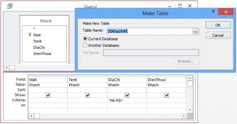 Hình 3 19 Truy vấn tạo bảng Tại đây ta có thể xác định bảng mới cần tạo 5