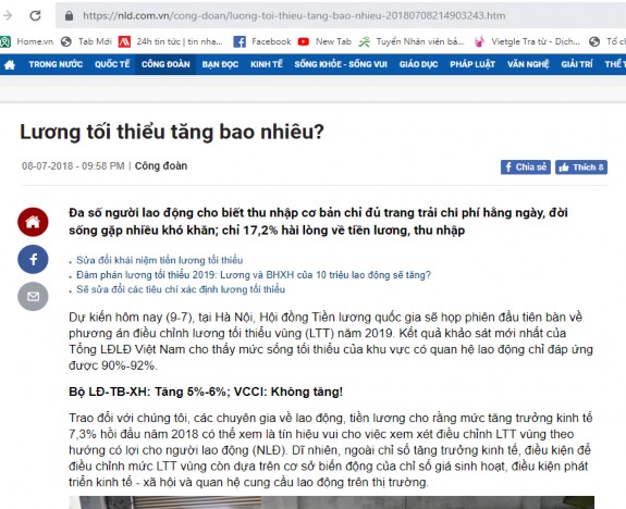 Trong bài báo trên văn bản text gồm tít chính Lương tối thiểu tăng bao nhiêu 1