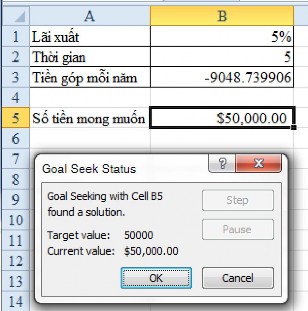Hình 1 3 5 Sau khi nhấn OK của hộp thoại Goal Seek hiển thị kết quả mà nó tìm 3