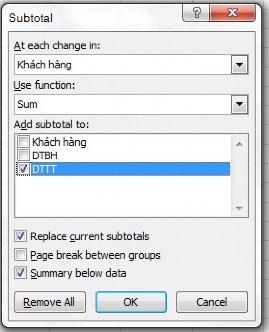 Hình 2 2 Các tuỳ chọn trong hộp thoại Subtotal At Each Change In chọn Khách hàng 3