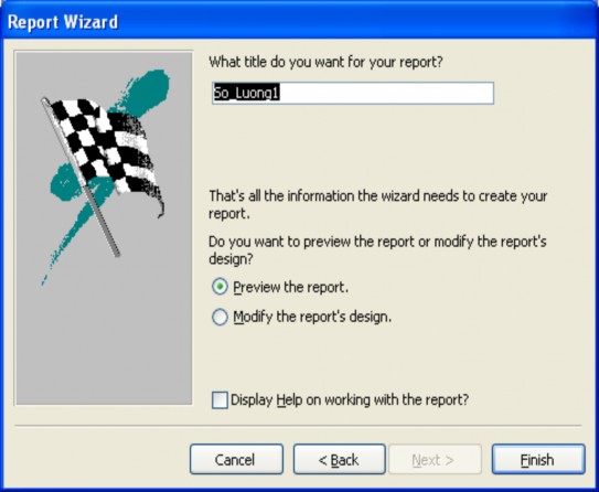  Hãy chọn Preview the report và Finish ta có Như vậy ta có một bản báo cáo v à 10