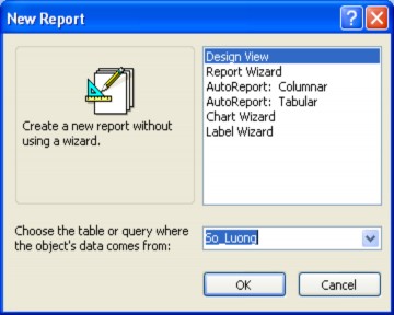  Chọn Report Wizard bảng SoLuong và OK ta có  Dùng nút để chọn trường giả 2