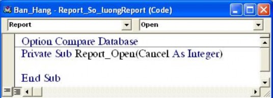 Bạn gõ thêm dòng lệnh ở thân thủ tục MsgBox Chao ban an OK de mo Report nay Vì đây 4
