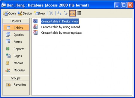 Hãy chọn tables và New sau đó hộp thoại sau xuất hiện Ta thấy trên hộp thoại 3