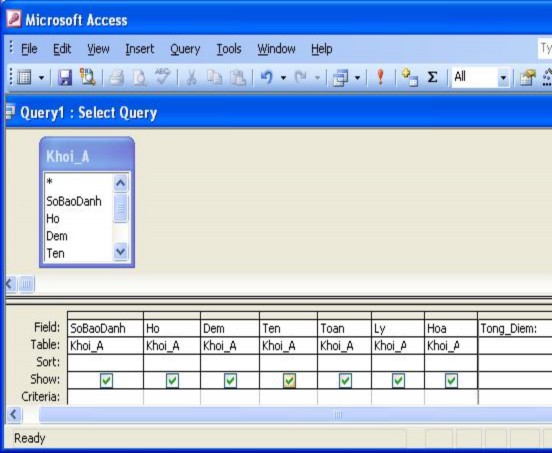  Đưa trỏ chuột vào trường có tên Tong Diem và hai ch ấm Chọn Expression Builder 11