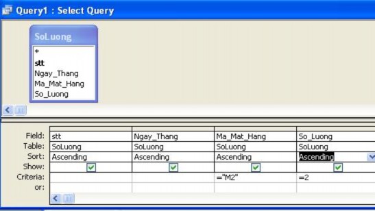 Còn nếu Hiện những bản ghi có Ma M at Hang M2 và số lượng là 2 hoặc 1 ta gõ 4