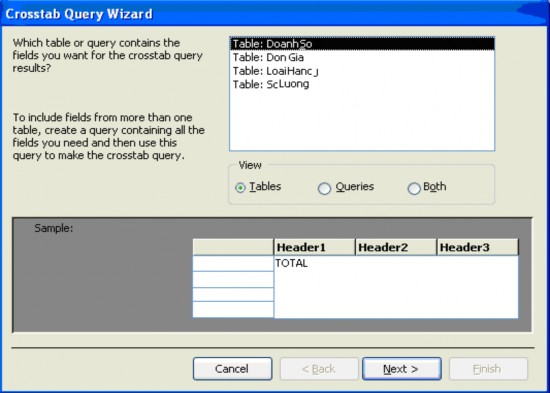  Chọn bảng SoLuong và kích vào Next ta có hộp thoại  Chọn trường Ngay Thang 1