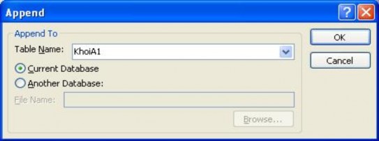  Gõ tên bảng cần nối vào ở đây KhoiA1 và chọn OK ta có hộp thoại Chạy 22
