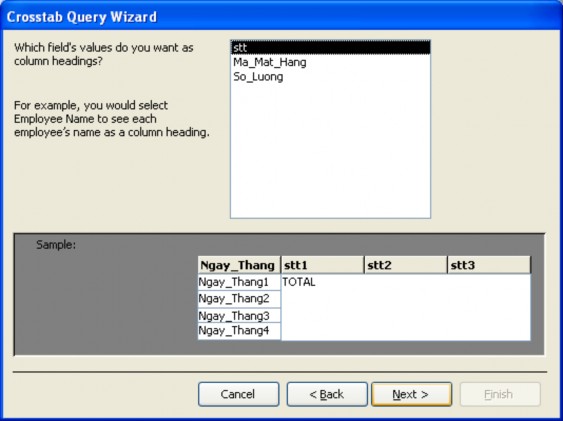  Chọn trường Ma Mat Hang và kích Next ta có hộp thoại  Chọn trường So Luong 3
