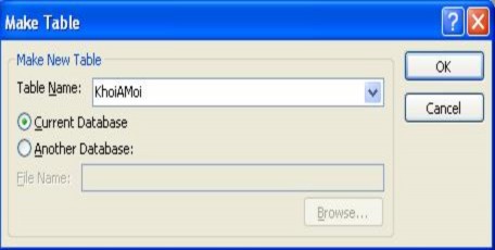 Gõ vào tên bảng mới ở Table Name ở đây là KhoiAMoi chọn tiếp OK Chạy truy vấn 5