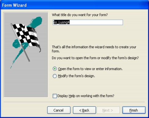 Chọn chế độ Open the Form to view or enter information và Finish ta có Chọn File Save 3