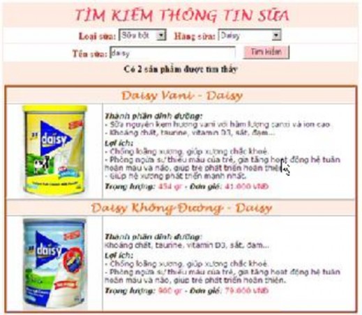 Phân tích yêu cầu Thực hiện việc tìm kiếm dựa trên loại sữa hãng sữa mà 2