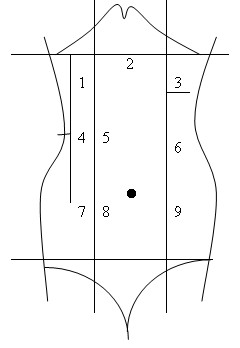 1 Vùng hạ sườn phải 2 Vùng thượng vị 3 Vùng hạ sườn trái 4 Vùng mạn sườn 1