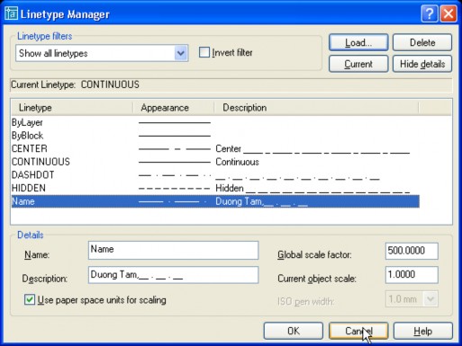 Quy ước mô tả dạng đường trong linetype Dạng đường được bắt đầu 1