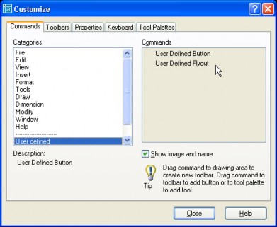 Khi muốn tạo một nút lệnh trong toolbar bạn chuyển đến commands User Defined 2