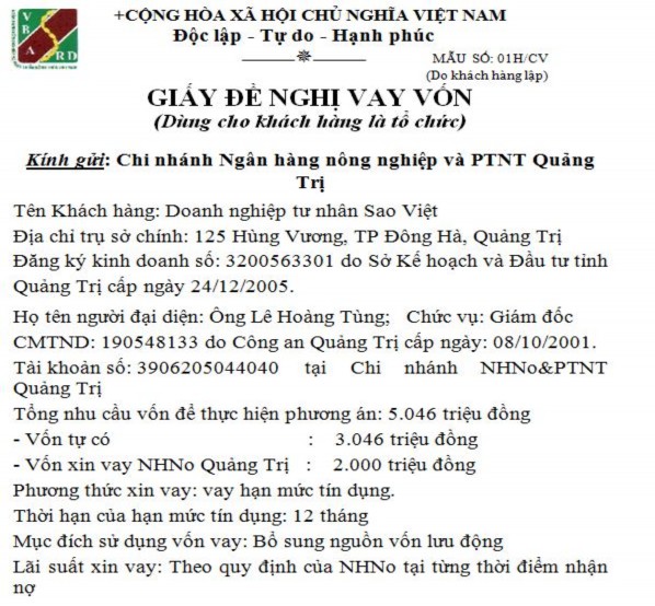 Theo Quyết định của DNTN Sao Việt về việc vay vốn ngân hàng trong hồ sơ pháp 1