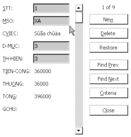 Các chức năng trong khi dùng Forms gồm a New thêm một record vào cuối danh sách chèn 9