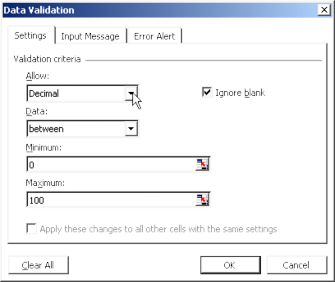 Trong minh họa trên điều kiện là nhập giá trị số Decimal trong khoảng between 1