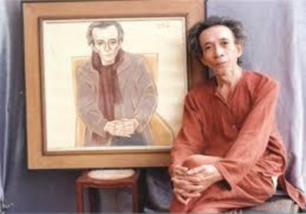 Nhà văn Kim Lân bên bức chân dung của mình do họa sĩ Nguyễn Thị Hiền vẽ ảnh 2