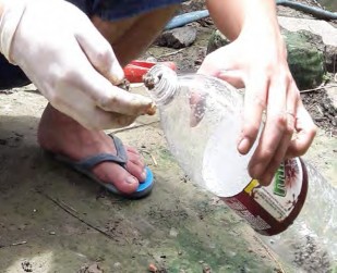 Hình 1 2 12 Cho đất vào chai Đổ nước vào khoảng 2 3 chai lắc kỹ cho đất hòa 13