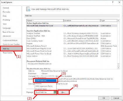 B3 Bảng chọn COM Add ins hiện ra → Tích chọn Microsoft Data Steamer for Excel → Nhấn 8