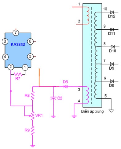 Mạch ổn áp sử dụng IC KA3842 khi có tín hiệu điện áp hồi tiếp đưa về từ 2