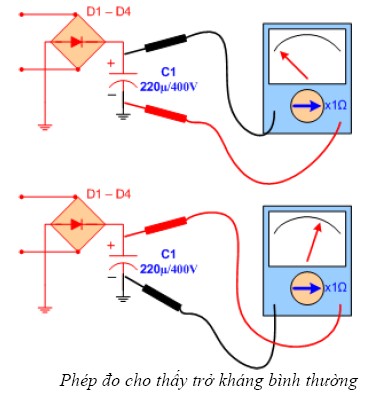 Nếu đo thấy trở kháng bình thường Đo vào hai đầu tụ lọc nguồn đảo que đo 6