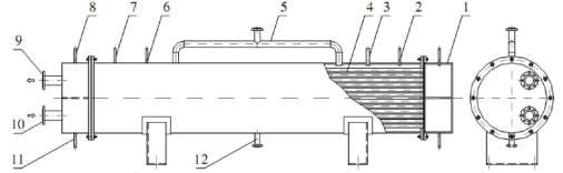 Hình 4 1 Bình ngưng ống chùm nằm ngang 1 Nắp bình 7 Ống lắp áp kế 2 Ống xả 2