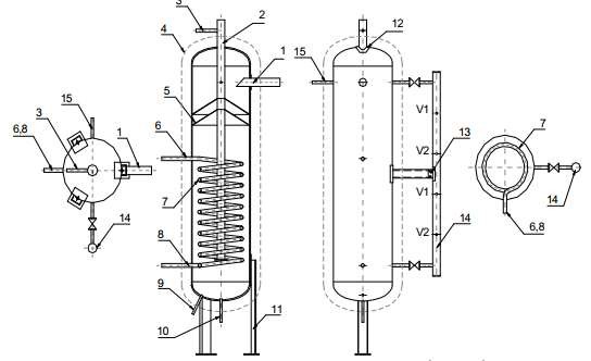 Hình 7 15 Bình trung gian đặt đứng có ống xoắn 1 Hơi hút về máy nén áp cao 2 5