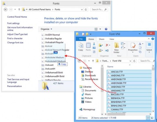 Hình 3 11 Cài đặt font chữ bằng cách kéo thả Để xóa Font chữ khỏi hệ thống 4
