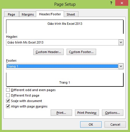 Tùy chỉnh Header và Footer ta vào Custom Header hay Custom Footer Các ký hiệu trong cửa 3