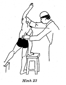 Thầy thuốc Một tay nâng cánh tay giơ lên trời của người bệnh để giữ ở tư 6