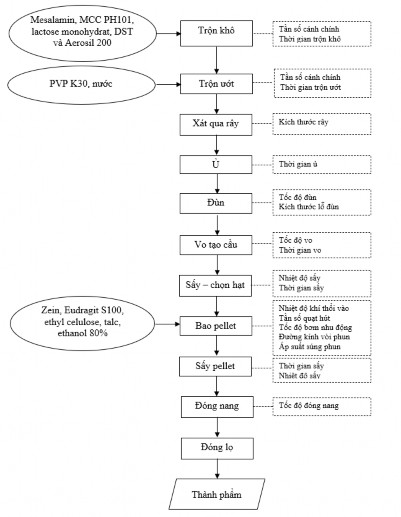 Hình 3 21 Sơ đồ quy trình pha chế  Bào chế pellet nhân mesalamin Trộn bột khô 1