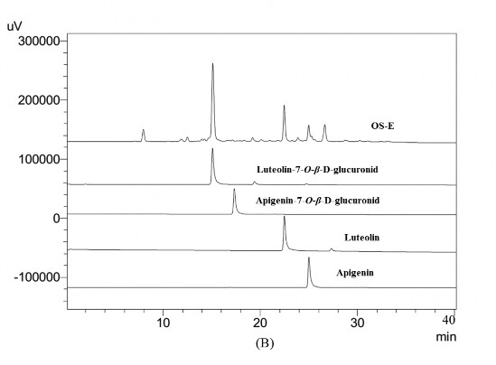 Hình 3B Sắc ký đồ của cao OS E apigenin luteolin apigenin 7 O β D glucuronid luteolin 7 O 5