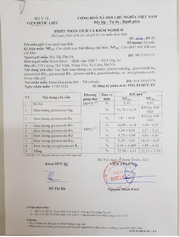 Phát hiện được Phụ lục 4 Phiếu phân tích và kiểm nghiệm cao chiết Tam thất 5