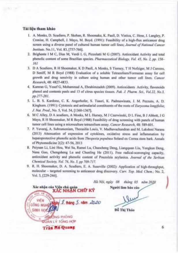 Phụ lục 136 Kết quả thử hoạt tính chống oxy hóa và hoạt tính gây độc tế 8