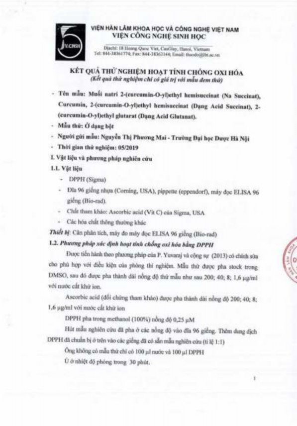 Phụ lục 137 Kết quả thử hoạt tính chống oxy hóa của các dẫn chất curcumin 1