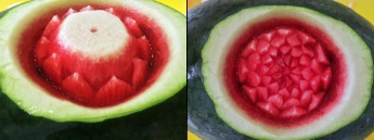 Tỉa 2 lớp cánh hoa nhọn quanh nhụy Sản phẩm hoa thược dược trên dưa hấu 10