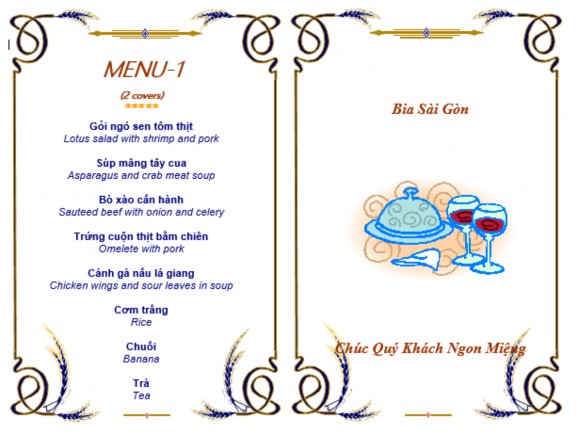 Thực đơn đặt trước gồm các loại Thực đơn ăn sáng Thực đơn ăn theo 2