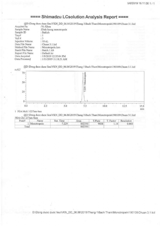 2 Sắc ký đồ dung dịch thử monotropein định lượng trong nguyên liệu 3 Dung dịch 1