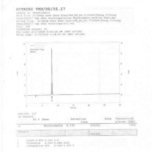 1 2 2 Sắc ký đồ dung dịch thử 2 Thời gian 1 năm 2 1 Định lượng monotropein 2 1 1 2