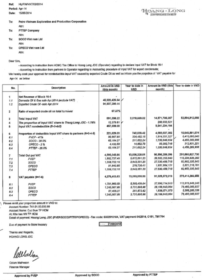 Hình 2 9 Báo cáo tình hình thuế VAT tháng 4 2014 Công ty Hoàng Long JOC gửi PVEP Name 3