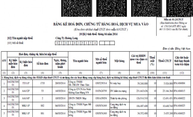 Hình 2 7 Trích Bảng kê hoá đơn chứng từ hàng hoá dịch vụ mua vào tháng 4 2014 4