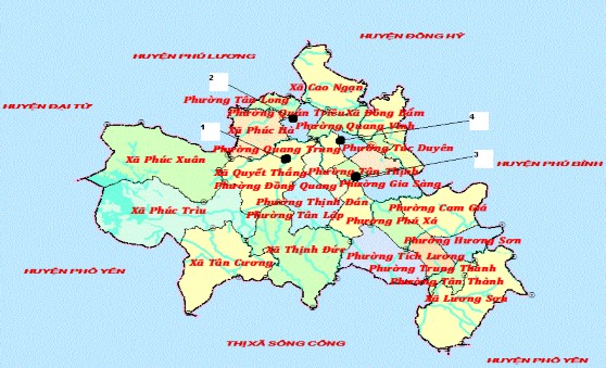 Hình 2 1 Thành phố Thái Nguyên và vị trí các trường tham gia nghiên cứu Chú 1