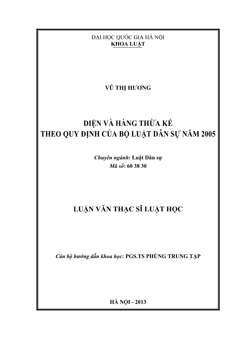 Luận văn Thạc sĩ Luật học Diện và hàng thừa kế theo quy định của Bộ luật dân sự năm 2005 - 1 Trang 1