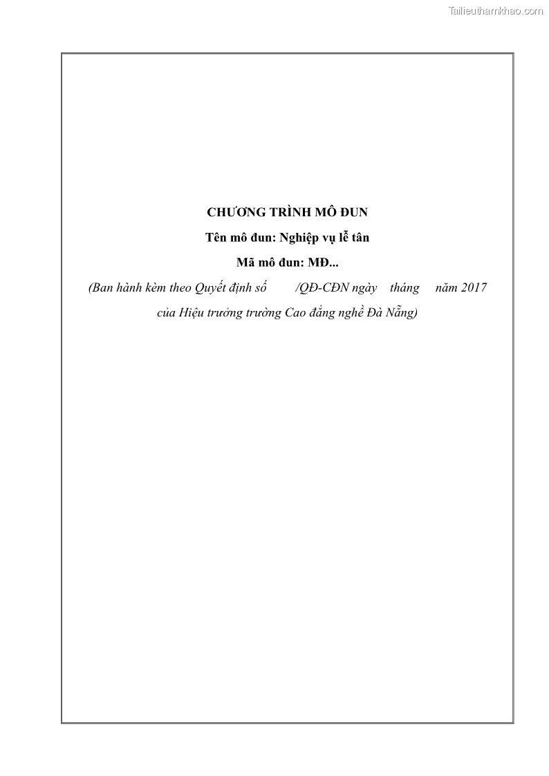 Giáo trình Nghiệp vụ lễ tân trường cđ nghề Đà Nẵng - 1 Trang 1